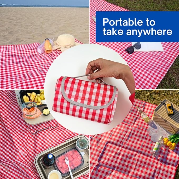 Cute Gingham Picnic Blanket, Waterproof Foldable, in Large 80x60in and Extra Large 80x80in, Portable Compact Beach Blanket, Oversized XL Outdoor Mat (Red, X-Large)-CubbioJoy