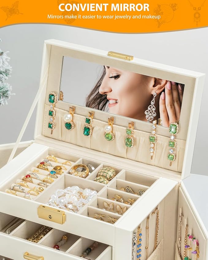 AKOZLIN Large 4-Tier Jewelry Box Leather Jewelry Storage Organizer with 3 Drawers Lockable for Women Girls Ring Necklace Earring Bracelet Watches Holder with Mirror White-CubbioJoy