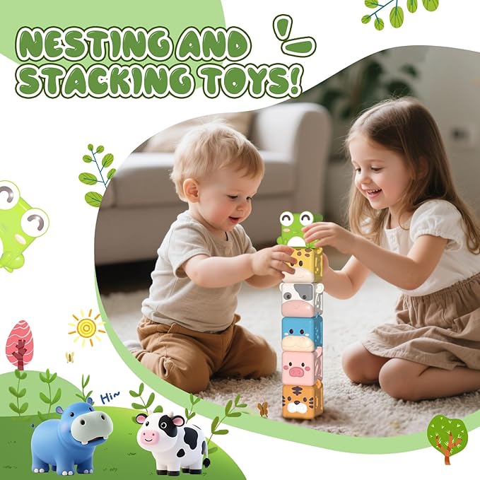 Animal Soft Gel Stacking Block Set Soft Silicone Baby Blocks Toys for 18 Months to 3 Years Old Early Learning Touch Bath Educational Toys with Numbers Animals Fruits Texture-CubbioJoy