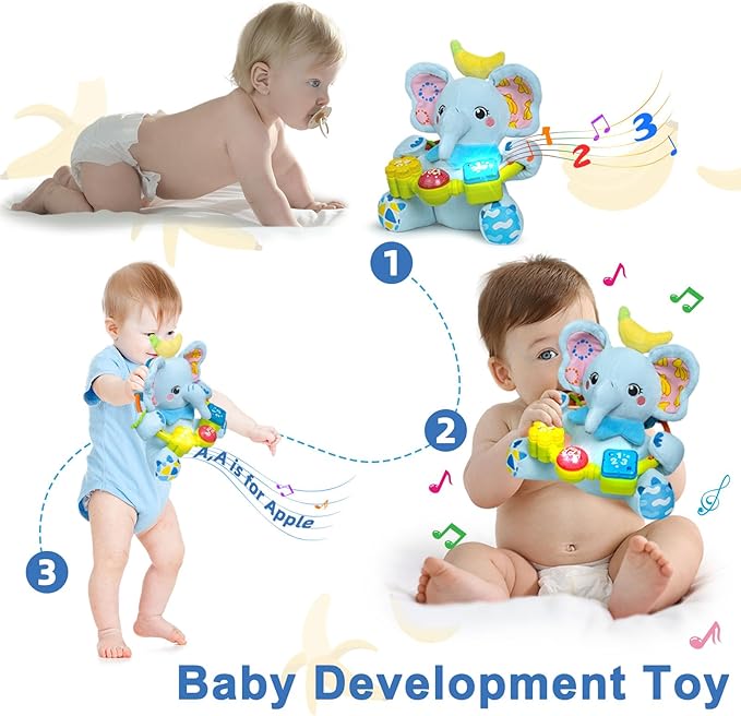 Baby Elephant Musical Stuffed Animals Toy with Light-Up Music & Crinkle,Infant Bilingual Early Learning Education Toys,1st Easter Basket Shower Stuffers for 0-3-6-12+ Months Boy Girl Gifts,Blue-CubbioJoy
