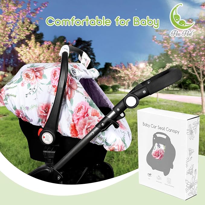Baby Carseat Cover Girls, Pea Pod Floral Infant Car Seat Covers Canopy for Newborn with 2 Layers Windows of Breathable Mesh/Fabric, Lightweight Polyester/Minky Dot Backing, Snug Fit Most Baby Car Seat-CubbioJoy