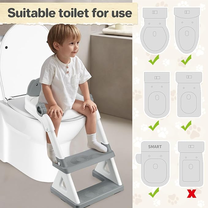2 In 1 Potty Training Toilet Seat & Toddler Step Stool, Bottom Triangle Stability Toddler Toilet Seat, Adjustable Step & Seat Height Potty Seats (Grey)-CubbioJoy