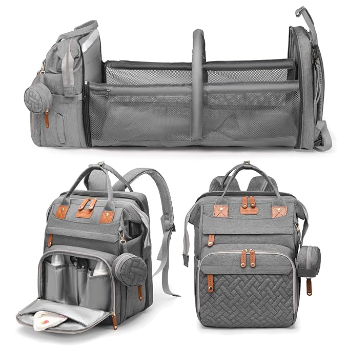 Jeryswet Baby Diaper Bags with Changing Station, Waterproof Large Capacity Diaper Bag Backpack for Moms Dads with USB Charging Port and Stroller Straps, Baby Shower Gifts, Grey-CubbioJoy