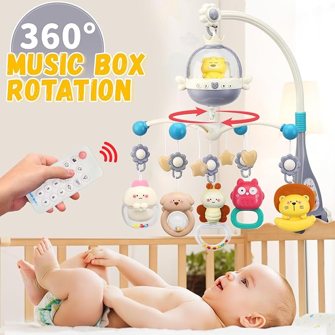 Baby Crib Mobile with Night Lights and Music,Hanging Mobile for Crib Bassinet with Rotation, Projection,Remote Control,Babies Crib Toys for Nursery Newborn Infant Boys Girls (Gray)-CubbioJoy