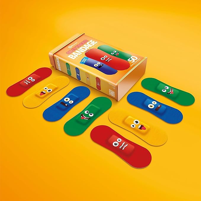 BioSwiss Bandages, Silly Faces Shaped Self Adhesive Bandage, Latex Free Sterile Wound Care, Fun First Aid Kit Supplies for Kids, 50 Count-CubbioJoy