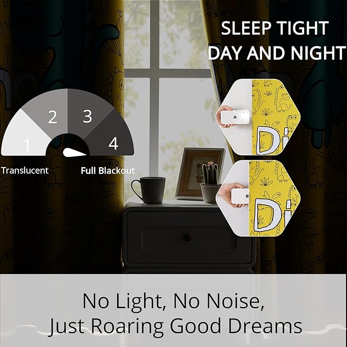 Dinosaur Blackout Curtains for Kids Room - 2 Panels, Each W52×L84, 100% Blackout, Thermal Insulated, Noise Reducing, Perfect for Kids Room and Nersury-CubbioJoy