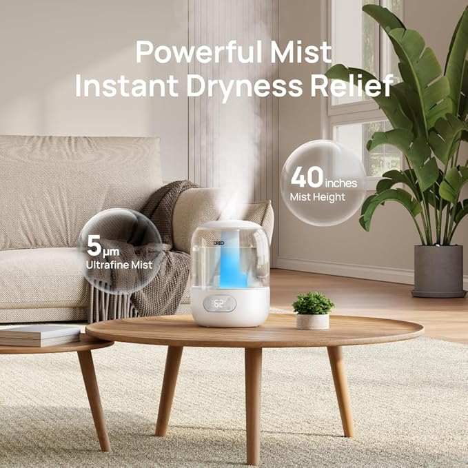 Dreo Humidifiers for Bedroom, 3L Top Fill 30H & 26dB Quiet Runtime for Large Room, Cool Mist Ultrasonic Humidifier with Humidity Sensor, Night Light for Home, Baby, Nursery, Plants, 360° Nozzle, White-CubbioJoy
