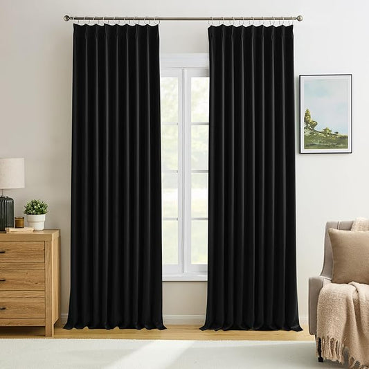 KEQIAOSUOCAI 60 Inch Wide Black Pinch Pleated Curtains 60 x 105, Thermal Insulated Noise Cancelling Living Room Office Drapes 105 Inches Long, Patio Sliding Glass Door Window Curtain 2 Panels-CubbioJoy
