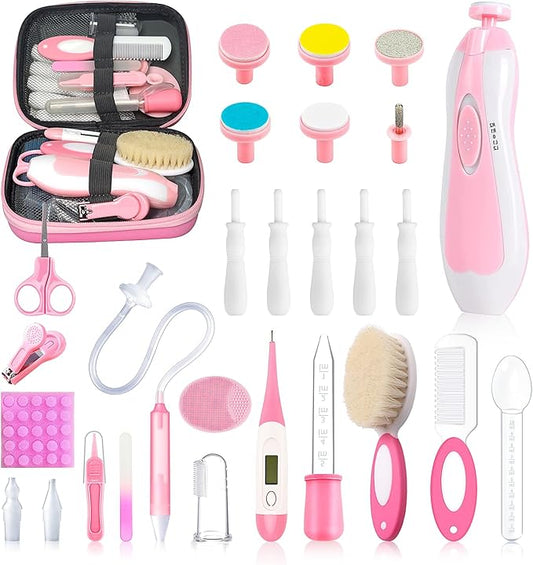 28 in 1 Baby Healthcare and Grooming Kit, Infant Baby Nursery Kit Electric Nail Trimmer Set with Gas Colic Passer Nasal Aspirator Nail Clipper Hair Brush Comb for Newborn Girls Boys (Pink)-CubbioJoy