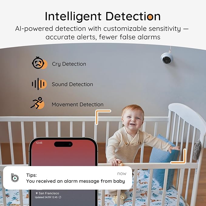BOIFUN 2K Split-Screen 5 Inch Wi-Fi Baby Monitor with 2 360° Cameras, AI Motion & Sound & Humidity & Temp Detection, Auto Tracking Via Smartphone App and Monitor Control, Infrared Night Vision-CubbioJoy
