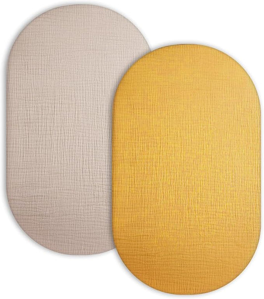 Bassinet Sheet for Baby Boy and Girl 2 Pack, Fitted Sheets for Rectangle, Oval, Hourglass Bassinet Mattress, Muslin Moses Basket Sheets with Neutral Style (Beige & Mustard Yellow)-CubbioJoy