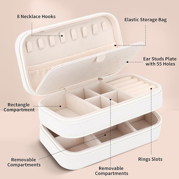 DesignSter Small Travel Jewelry Box with Double Zipper, 2 Layers PU Portable Jewelry Case for Women and Girls,Travel Jewelry Organizer for Rings, Earrings, Necklaces, Bracelets,Beige-CubbioJoy