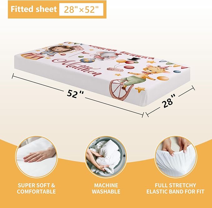 Custom Baby Crib Bedding Set, 5 Pcs Personalized Name Baby Crib Set with Double Layer Blanket, Soft Circus Animals Nursery Bedding Set for Girls Boys, Customized Gifts for Infants Toddlers-CubbioJoy