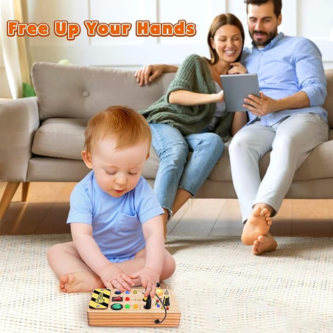 Busy Board Montessori Toys for Toddler, Wooden Sensory Board Switch Toy with Color-Changing LED Light Up Travel Toys Educational Plane Travel Activity for 1-6 Year Old Girls & Boys Gifts-CubbioJoy