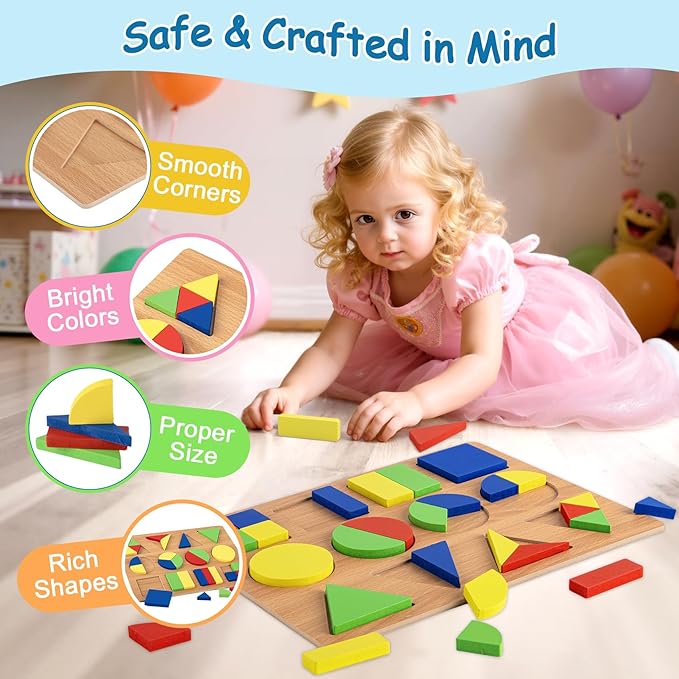 Alphabet Puzzle Wooden Puzzles for Toddlers 3 4 5 Year Old, ABC Shape Learning Toddler Toys with Puzzle Board & Letter Blocks, Preschool Educational for Girls Boys, Puzzle Geometric-CubbioJoy