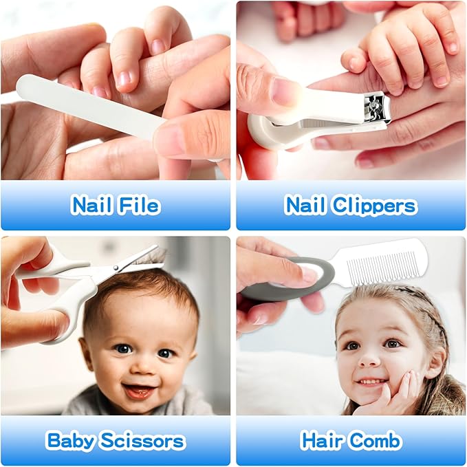 Baby Healthcare and Grooming Kit, 21 in 1 Portable Baby Essentials Kit with Gas Relief Hair Brush Comb Nasal Aspirator for Newborn Boys Girls (Grey White)-CubbioJoy