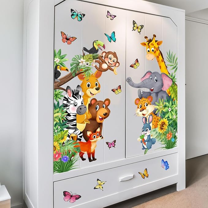 Jungle Animal Wall Decals, Cartoon Animal Sticker Safari Elephant Lion Monkey Wall Decals for Baby Room Playroom Bedroom Classroom Kindergarten Decor-CubbioJoy