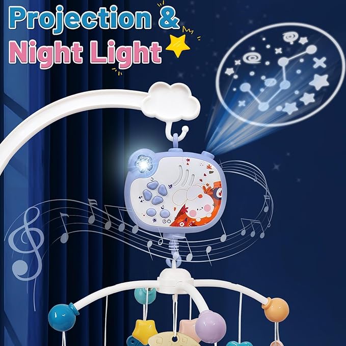 Baby Mobiles for Cribs, Crib Mobile with Music and Lights, Nursery Musical Mobile for Bassinets Hanging Toys with Remote Control, Rotation, Projection, Animal Mobile Arm Clip On for Infant Boys Girls-CubbioJoy