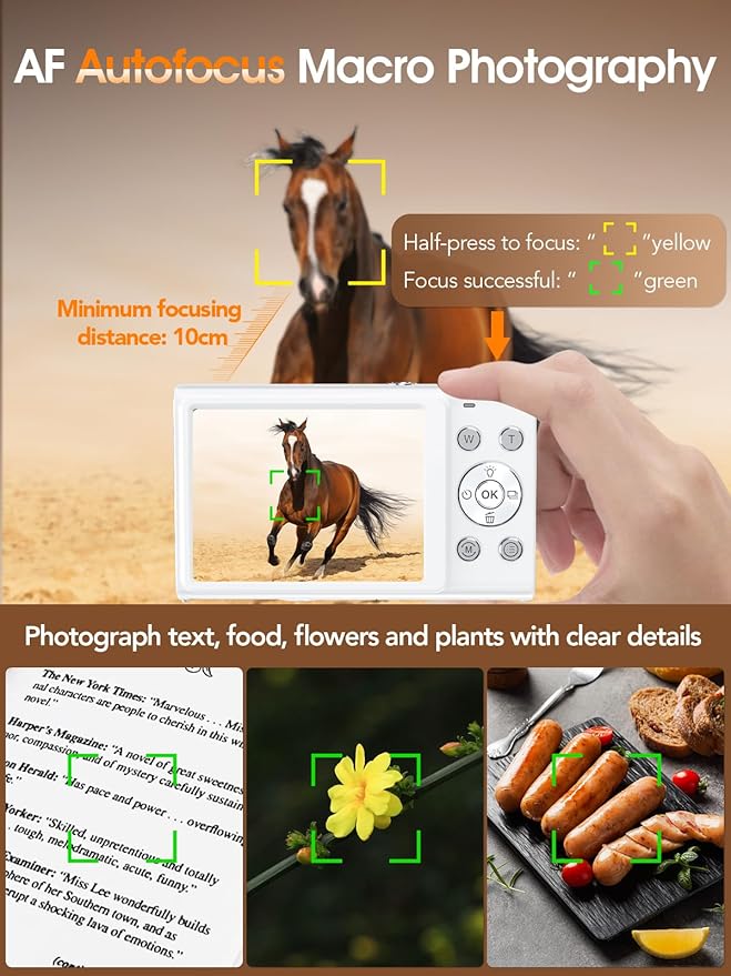 Digital Camera,Autofocus 4K Vlogging Camera for Photography with 32GB Card,48MP Portable Compact Point and Shoot Digital Camera for Teens Adult Beginner with 16X Zoom,Anti-Shake,2 Batteries(White)-CubbioJoy