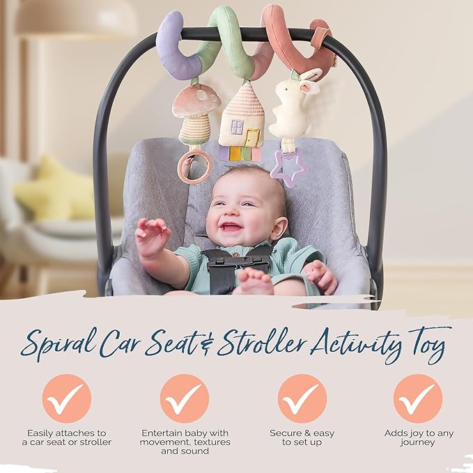 Itzy Ritzy Spiral Car Seat & Stroller Activity Toy - Stroller & Car Seat Toys for Ages 0 Months and Up - Hanging Toys Include Dangling Ring, Mirror and Textured Ribbons (Pastel Rainbow)-CubbioJoy