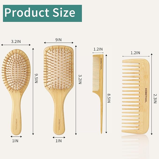 Bamboo Hair Brush Set - Natural Bamboo Paddle Detangling Hairbrush and Comb Set, Suit for Thick/Thin -Gift for Women Men and Kids-CubbioJoy