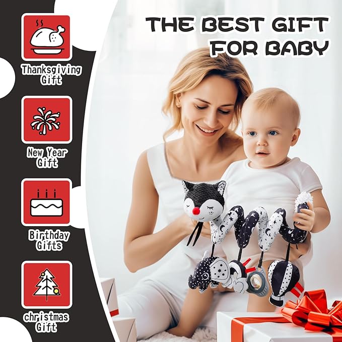 Jollybaby Crib Stroller Car Seat Toys for Baby 0-3-6-9-12 Months, Tummy Time Hanging Sensory Toys for Newborn with Music Box and Teether, Spiral Carseat Toy for Infant Boy Girl Gift (Black and White)-CubbioJoy