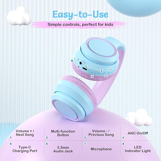 Active Noise Cancelling Headphones for Kids, 60H Playtime,Purple Wireless Bluetooth Over-Ear Headset Built-in Microphone for Home/School/Travel/Party - Includes Portable Case-CubbioJoy