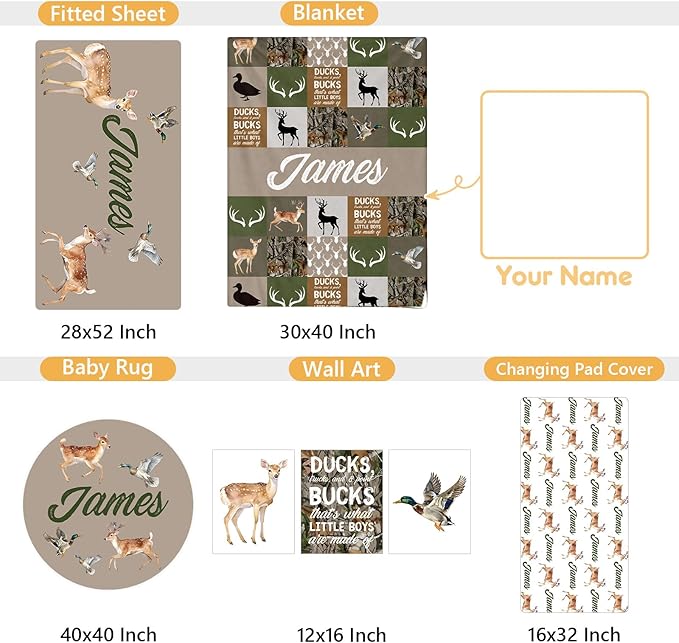 Custom Baby Crib Bedding Set, 5 Pcs Personalized Name Baby Crib Sets for Infant Toddler, Green Woodland Deer Nursery Bedding Set for Boys Girls, Double Layer Baby Bedding Sets Customized Gifts-CubbioJoy