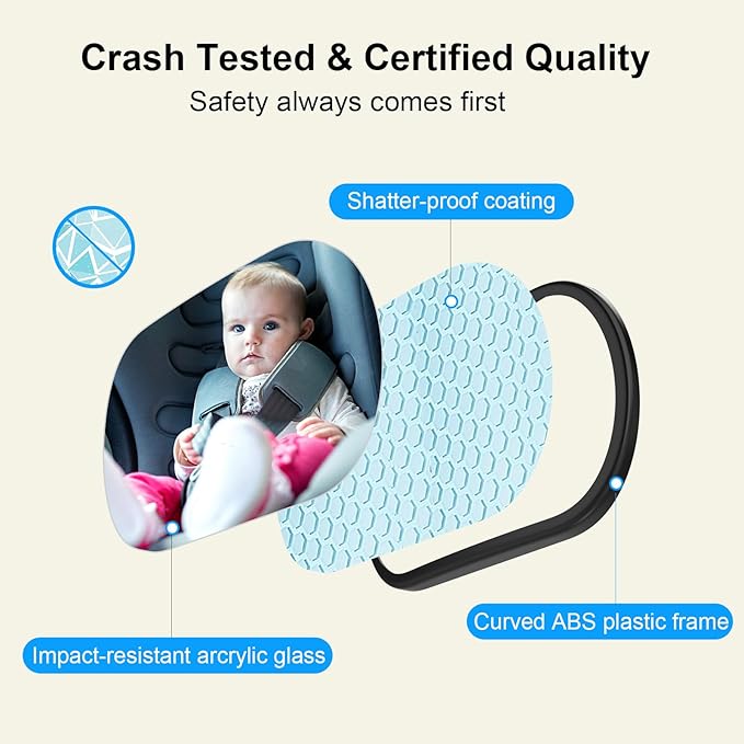 Baby Car Mirror, Safety Car Seat Mirror for Rear Facing Infant, Clear Wide View, 360°Rotation, Easily Observe the Baby Move, Secure, Shatterproof, Crash Tested and Certified (Black)-CubbioJoy