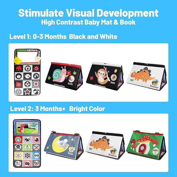 Baby Mirror Toys for Tummy Time, Newborn Infant 0 3 4 6 12 Months Old Boy, Girl Gift. Brain Developmental Montessori Sensory High Contrast Crinkle Book w Safe Mirror for Floor, Crib, Car, Bouncer-CubbioJoy