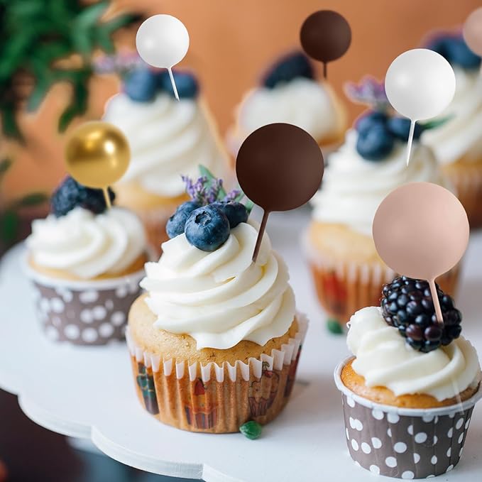 75 Pieces Cake Balls Topper Decorations Foam Cupcake Topper Mini Balloon Cake Topper Picks for Cake Deco Birthday Party Wedding（Brown Gold White Series）-CubbioJoy