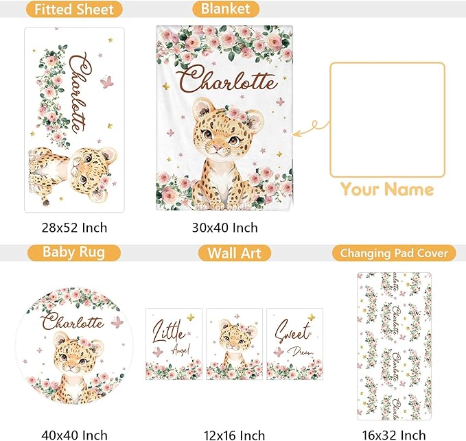 Custom Baby Crib Bedding Set, 5 Pcs Personalized Name Baby Crib Sets for Infant Toddler, Floral Leopard Nursery Bedding Set for Baby Girls, Double Layer Baby Bedding Sets Customized Gifts-CubbioJoy