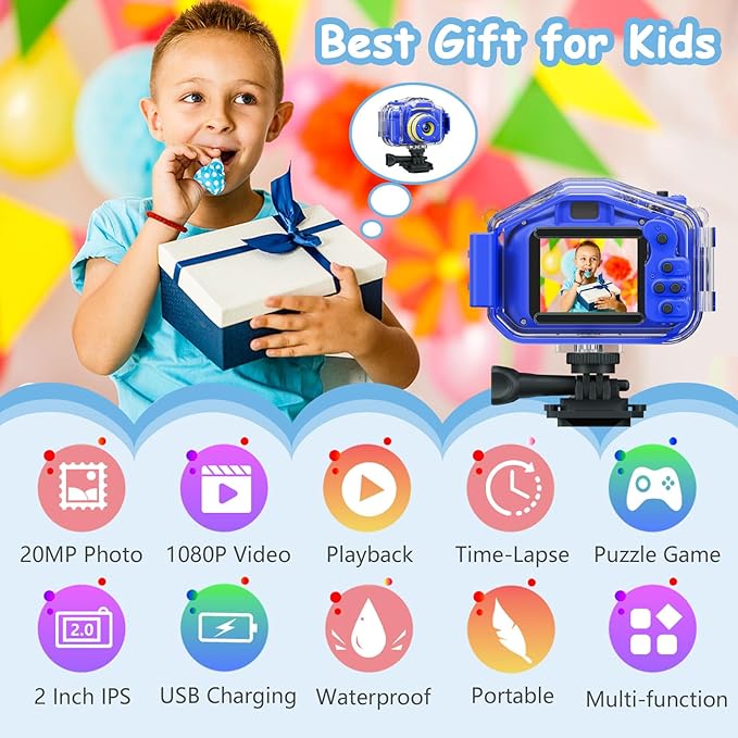 Agoigo Kids Waterproof Camera - Children Underwater HD Video Digital Camcorder, Portable Travel Toy for Toddler - Ideal Christmas Birthday Gifts for Boys Girls Age 3-12 with 32GB Card (Dark Blue)-CubbioJoy