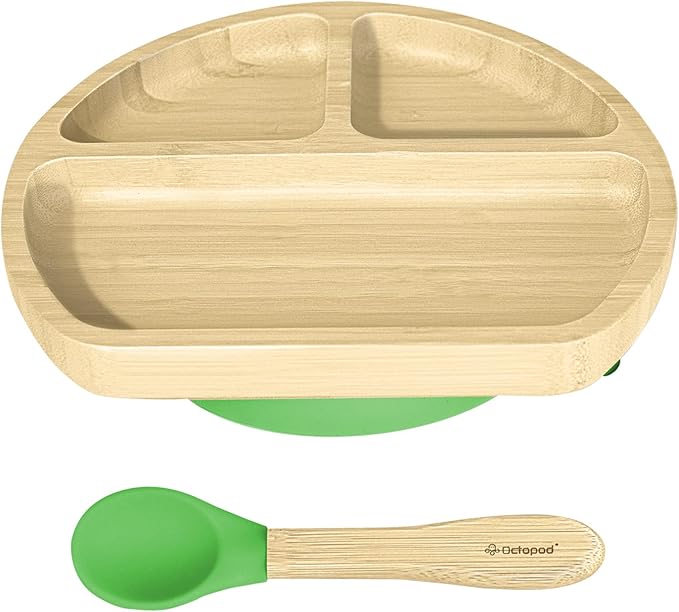 Abiie Octopod Bamboo Dish - Kids Plates for 4 months and up, 3-Compartment Baby Plates with Suction, Triangle Bamboo Baby Plate, Mess-Free Toddler Suction Plates, Baby Feeding Supplies, 8.3x1.9x7.7 in-CubbioJoy