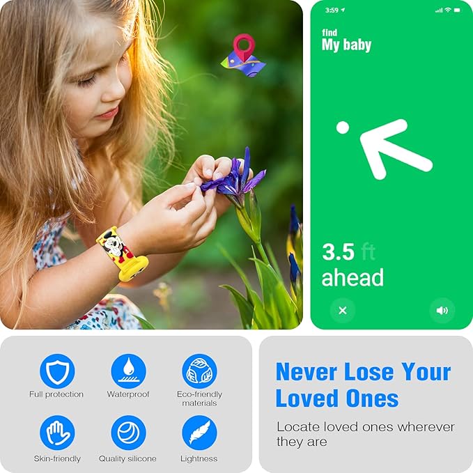 2 Pack AirTag Bracelet for Kids, Waterproof Cute Cartoon Air tag Holder for Kids with Watch Band Design, Full Coverage Silicone Airtag Hidden Accessories for Child, Healthy Material Blue + Yellow-CubbioJoy