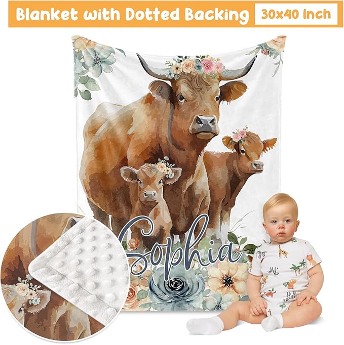 Custom Crib Bedding Set - Highland Cow Design Personalized Name Baby Nursery Bed 3 Pcs Set - Chic Soft Blanket with Dotted Backing, Sheet, Pillowcase for Newborn Girls Boys Gifts Color03-CubbioJoy