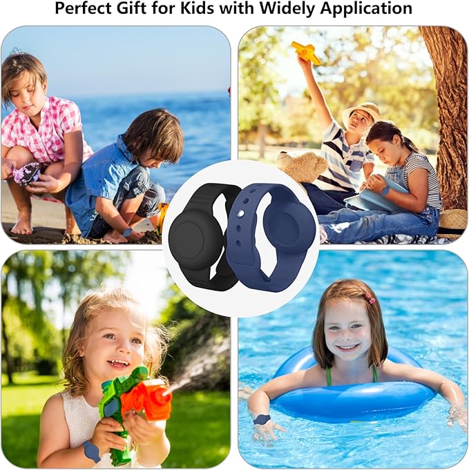 2 Pack Waterproof Airtag Wristband Kids - Anti-Lost Silicone Airtag Holder Cases for Toddler - GPS Tracker Watch Band (Black+Blue)-CubbioJoy
