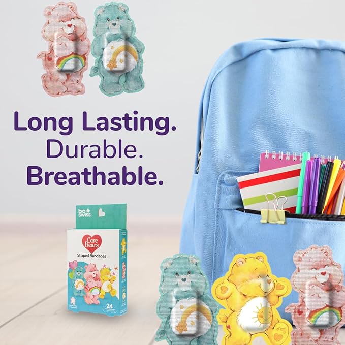 BioSwiss Care Bears Bandages, Classic Care Bear Shaped Self Adhesive Bandage, Latex Free Sterile Wound Care, Fun First Aid Kit Supplies for Kids, 24 Count-CubbioJoy