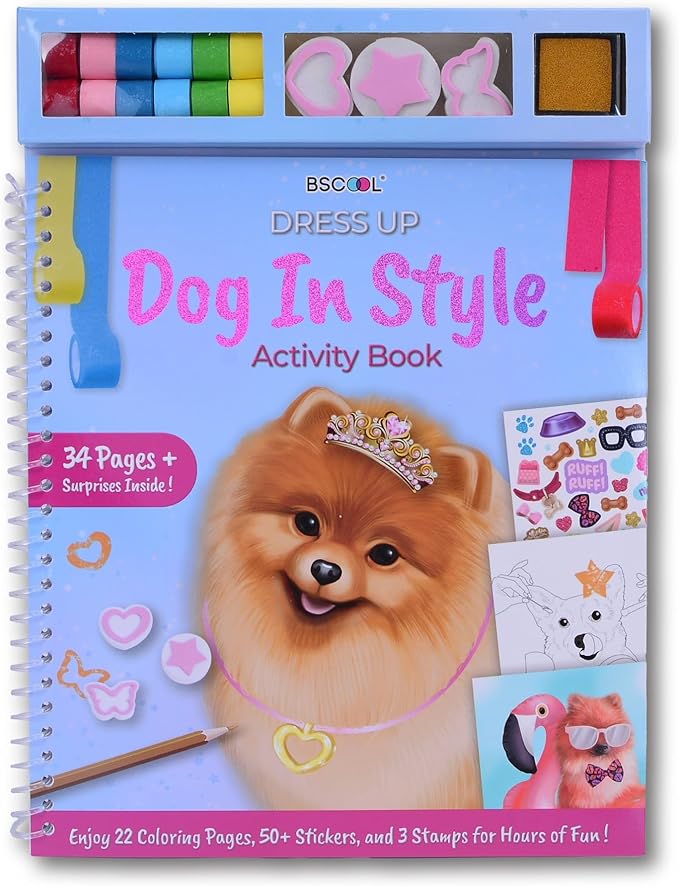 BSCOOL Dog in Style – Design Your Pet Fashion with 25 Coloring Pages, 3 Stamps, 50+ Stickers, Washi Tapes and Guides. Discover Unique Outfits for Dogs. Educational. Travel Friendly for Ages 5 and up.-CubbioJoy
