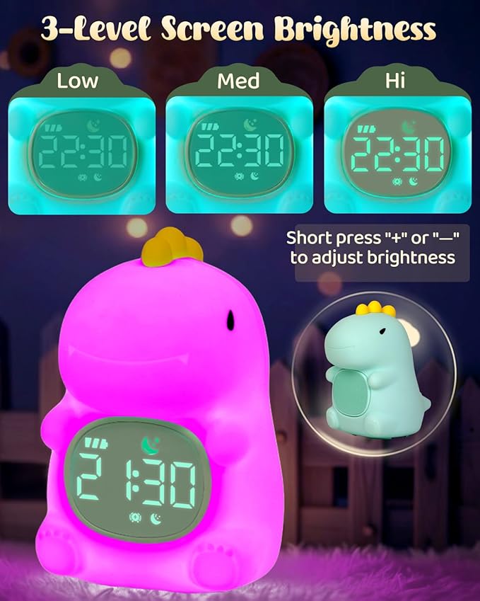 Dinosaus Alarm Clock for Kids with Night Light, Sleep Training Clock Time to Wake Clock, Rechargeable Silicone Light for Bedroom, Perfect Sleep Companion for Boys Girls-CubbioJoy