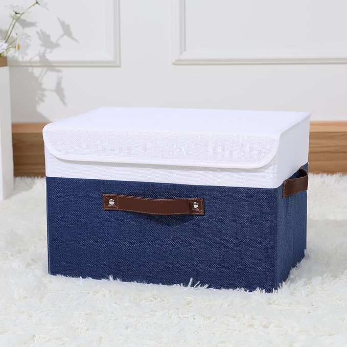 ANMINY Storage Boxes with Lids Washable Decorative Storage Bins Basket with PU Leather Handle Foldable Linen Fabric Storage Cubes Containers for Home Closet Organizer - Deep Blue White, Large Size-CubbioJoy
