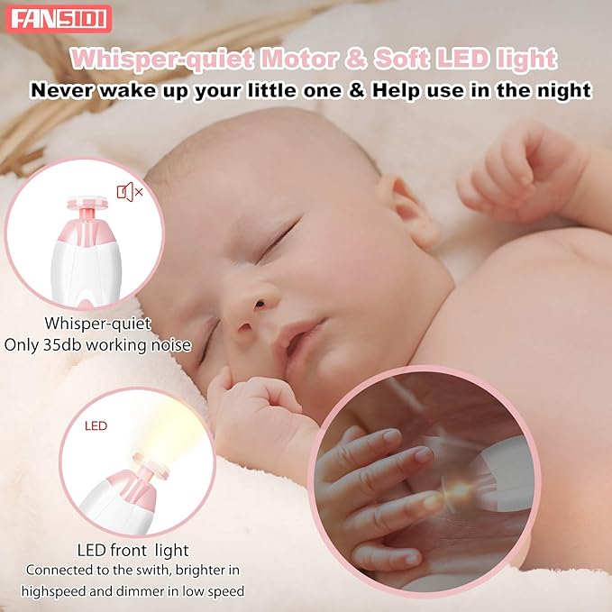 Baby Nail Trimmer Electric, FANSIDI Baby Nail File Infant Nail Clippers with 10 Grinding Pads 8 Sandpapers for Newborn Infant Toddler or Adults Toes Fingernails Care - AA Battery Operated (White/Pink)-CubbioJoy