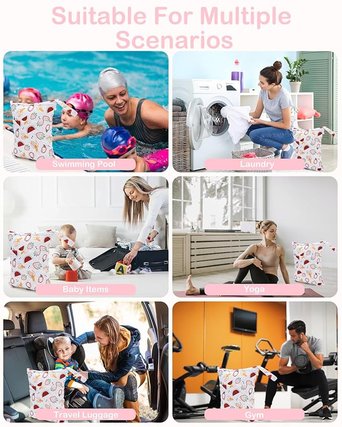 ALVABABY 3 Cloth Diaper Wet Dry Bags Waterproof Reusable with Two Zippered Pockets Travel Beach Pool Daycare Soiled Baby Items Yoga Gym Bag for Swimsuits or Wet Clothes Small Medium Large 3L-ZM27-CubbioJoy