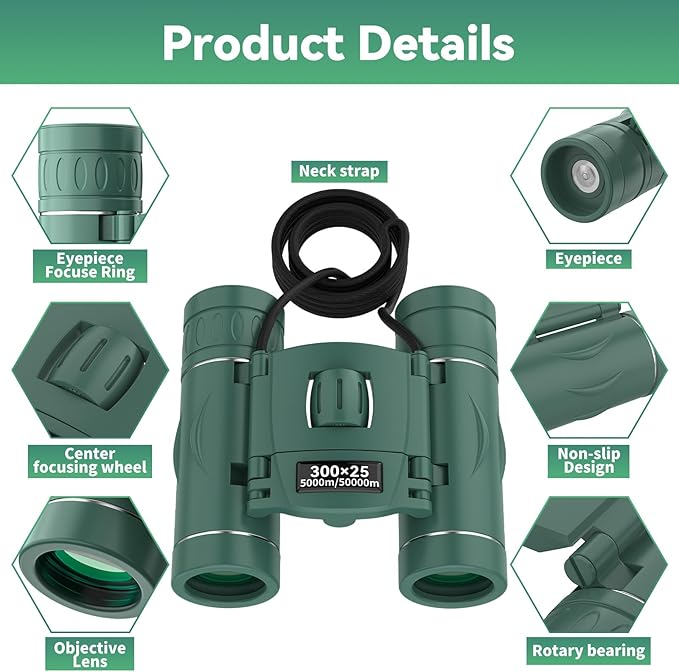 300x25 Binoculars for Adults and Kids, High Powered Mini Pocket Binoculars with Phone Adapter, Waterproof Compact Telescope for Bird Watching, Hunting, Concert, Theater, Opera, Traveling, Sightseeing-CubbioJoy