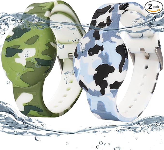 2 Pack Waterproof AirTag Bracelet for Kids, Hidden Printed Wristband for Apple Air Tag, Silicone AirTag Holder GPS Tracker Case for Band for Child Toddler, Secure Anti-Lost Protection(Camouflage)-CubbioJoy