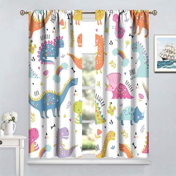 Cartoon Dinosaur Curtains for Kids Boys Girls Home Decor Childish Cute Dino Animals Print Pattern Rod Pocket Blackout Window Drapes for Nursery Baby Bedroom Playroom W21xL45in 2 Panels-CubbioJoy