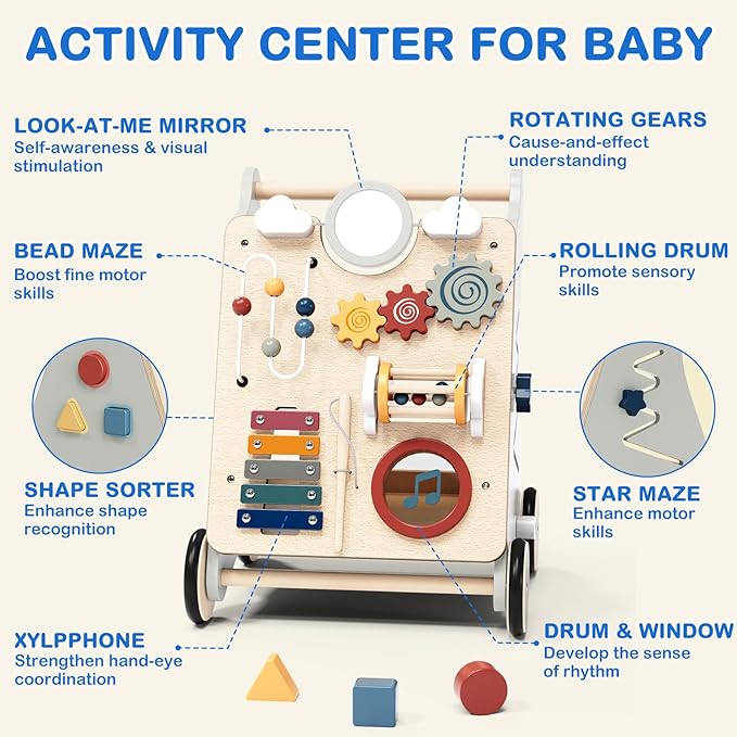 Baby Push Walker with Detachable Busy Board, Wooden Baby Walker with Adjustable Speed Wheels, Montessori Push Walker for Babies, Push Walking Toys for Boys & Girls 1 Year Old, Gifts for Toddler-CubbioJoy
