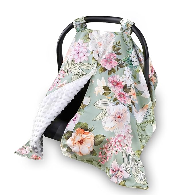 Car Seat Cover Baby, Flroal Infant Car Seat Canopy Covers for Newborn Girls Boys, Soft Breathable Minky Carseat Covers Stretchy Multi-Use Nursing Cover for Stroller Baby Car Seat, Green Leaf-CubbioJoy
