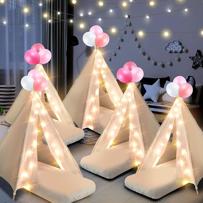 6 Pack Sleepovers Teepee Tent for Kids Bulk with Mattress Sheet Light,Natural Cotton Washable Indoor Play Tent for Birthday Slumber Party Girls Boys Pajama Movie Night Supplies(White)-CubbioJoy