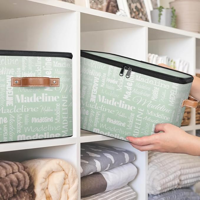 Custom Storage Basket with Name, Personalized Storage Bins with Zipper Lid, Foldable Fabric Storage Box Large capacity with Handle Green-CubbioJoy